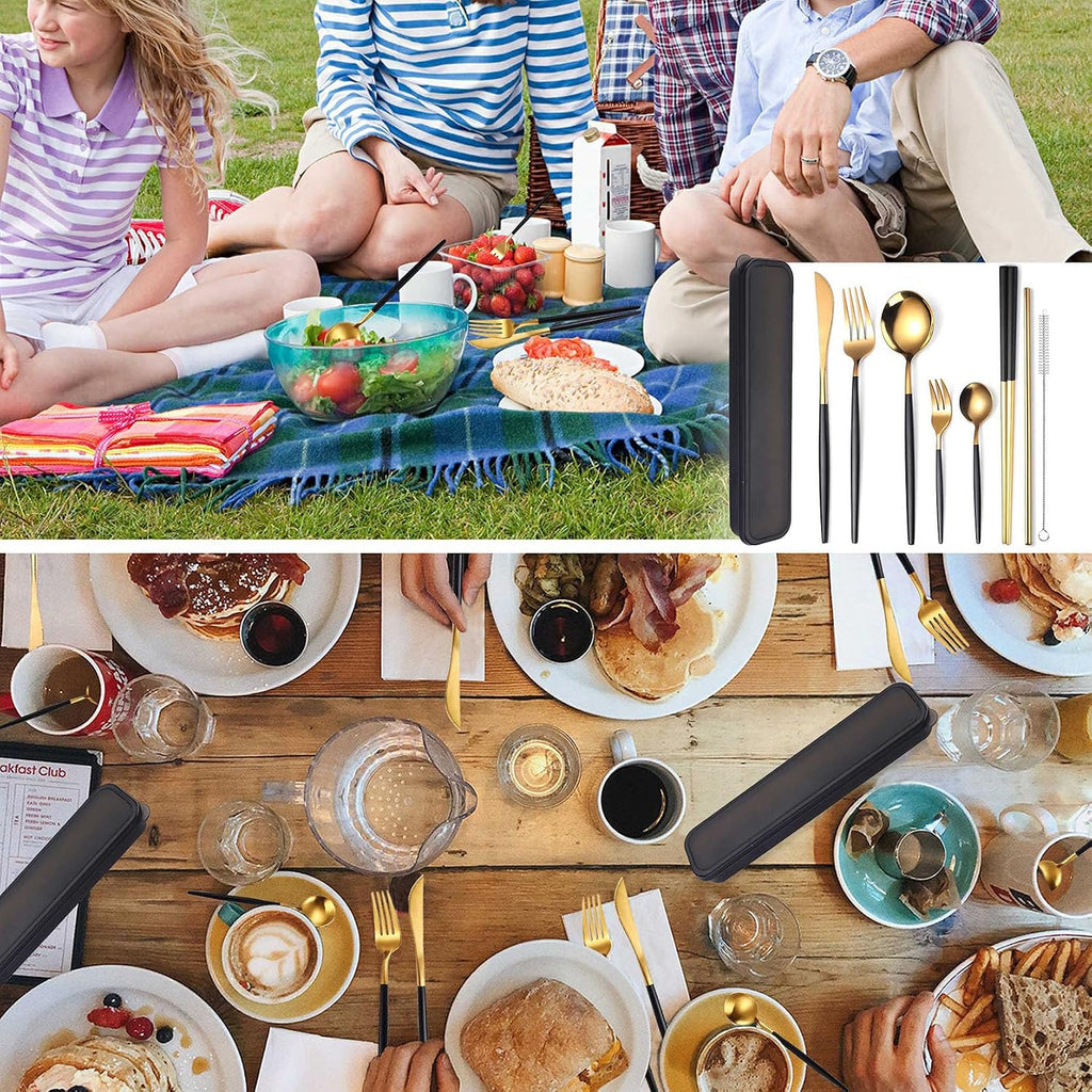 AARAINBOW 8 Pieces Stainless Steel Flatware Set Portable Reusable Cutlery Set Travel Utensils Set Including Chopsticks Knife Fork Spoon Straws Cleaning Brush Dishwasher Safe (Black Golden)
