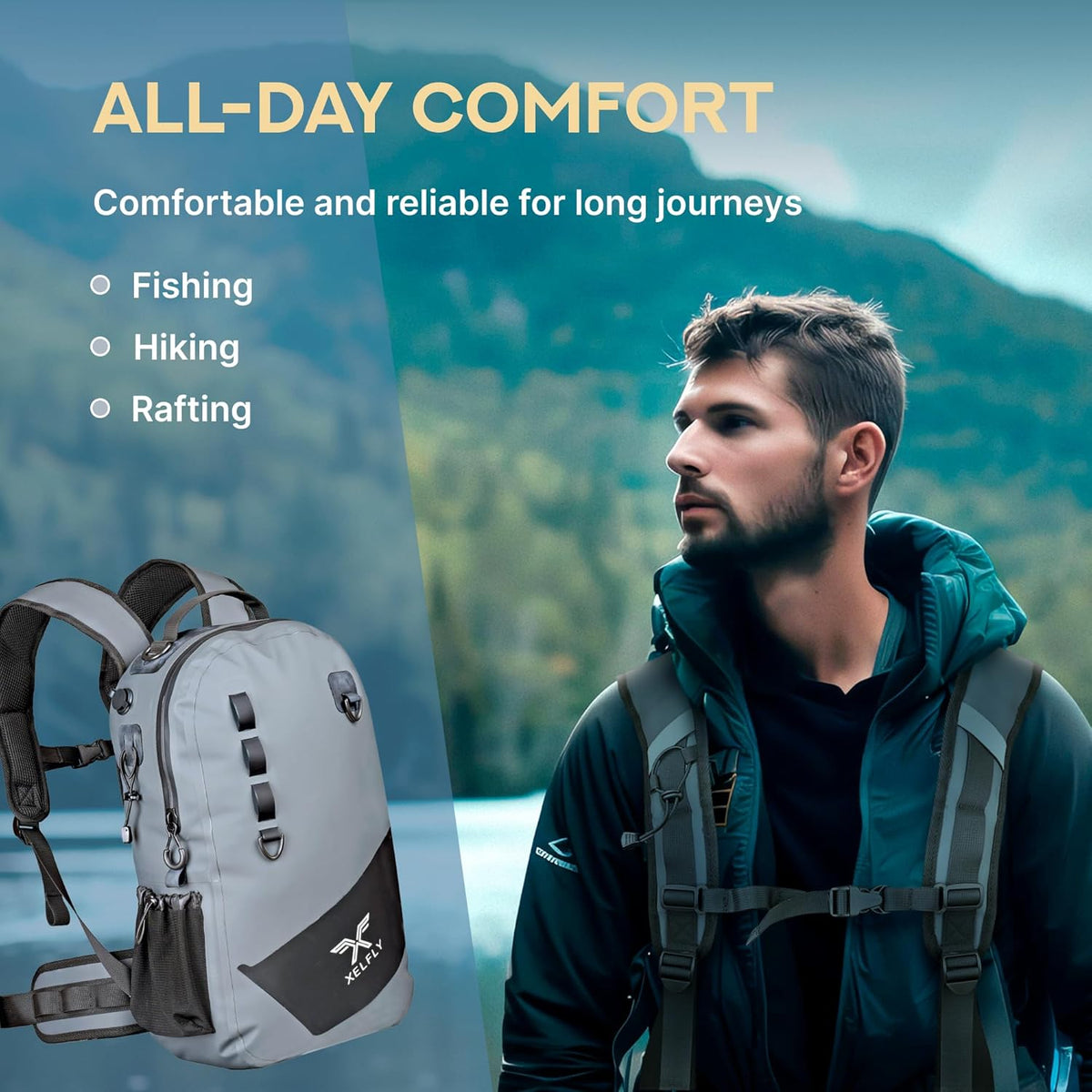Xelfly - Waterproof Fishing Backpack with Rod Holder, Inflatable Air Valve, Padded Waist Straps & Gear Loops - Submersible Zipper, Rugged Top Handle, Adjustable Attachments (Blue)