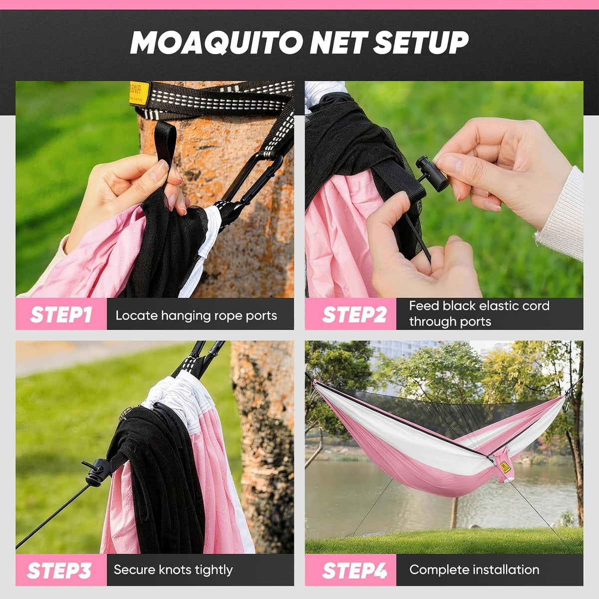 Small Camping Hammock with Mosquito Net, 450 lbs Portable Hammock with Tree Straps, 2-in-1 Double/Single Travel Hammocks, Hammock for Outside/Indoor/Backpacking/Beach - Pink & White
