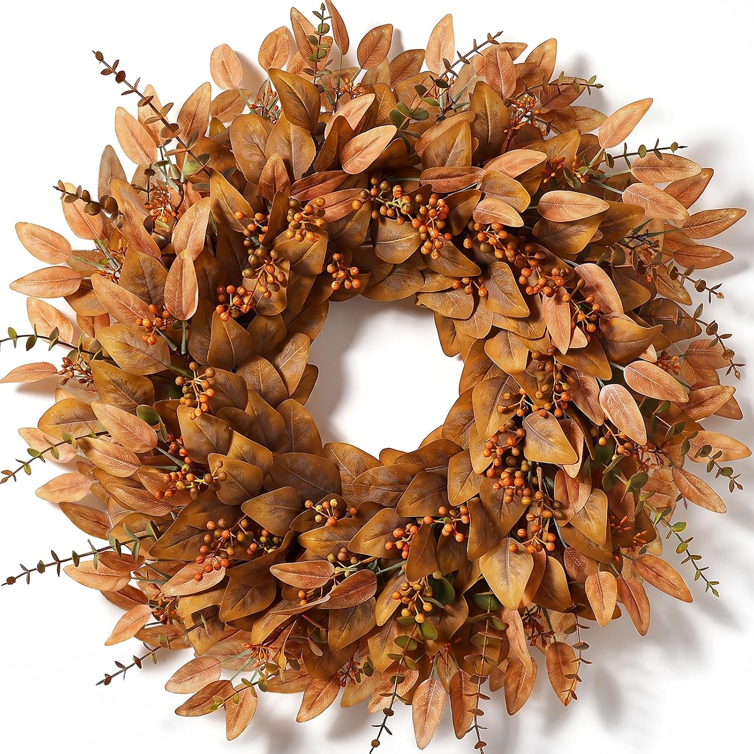 26" Fake Fall Eucalyptus Wreath with Berry for Front Door Decor(Orange) | Artificial UV-resistant Outdoor Wreath, Faux Eucalyptus Leaves Plant for Home/Porch/Window/Wall/Farmhouse/Autumn Decor