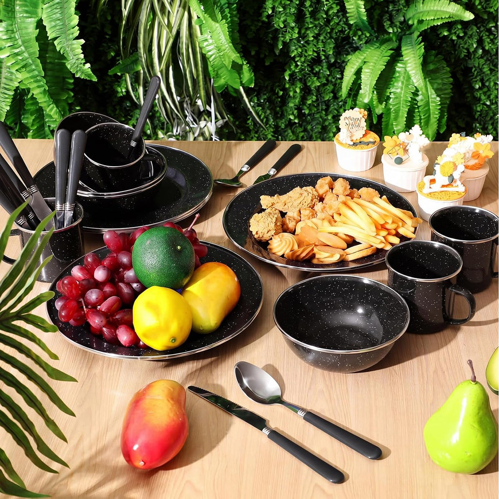 Nuogo 24 Pcs Camping Dinnerware Enamel Mugs Plates Bowls Utensils, Black