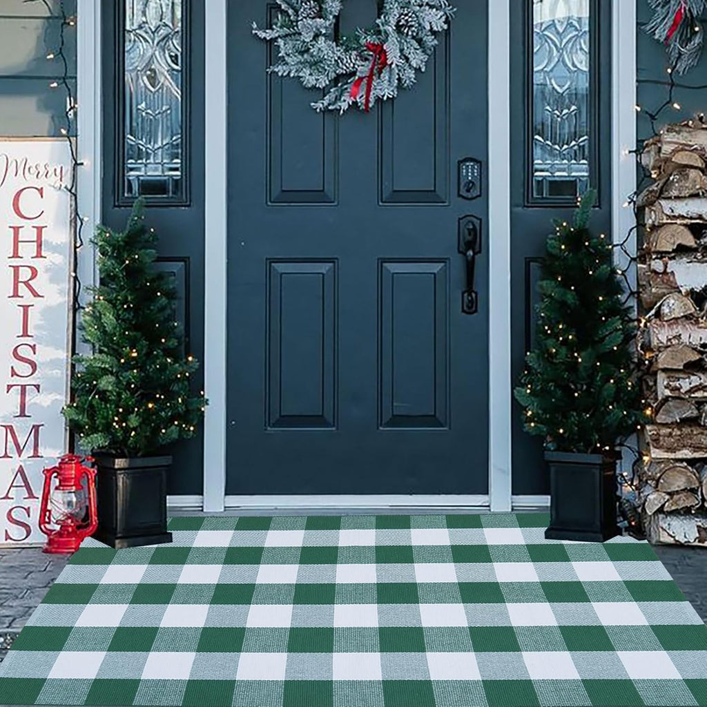 CAINANEL Green and White Buffalo Plaid Outdoor Rug Spring Door Mat Layering Rug Welcome Doormats for Spring Easter Farmhouse Entrance Porch Outdoors Decor