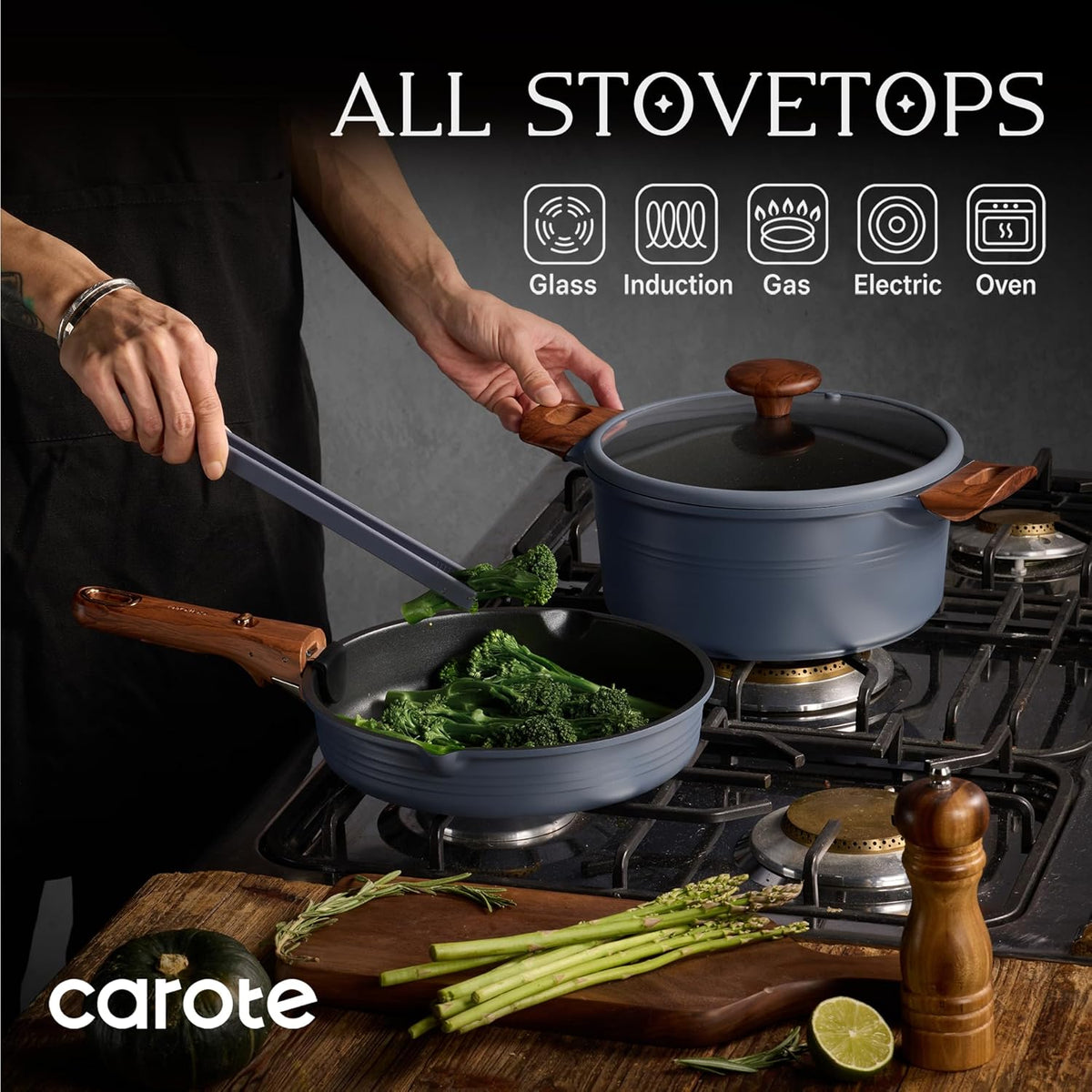 CAROTE 30pcs Titanium Cookware Set, Pots and Pans Set Detachable Handle