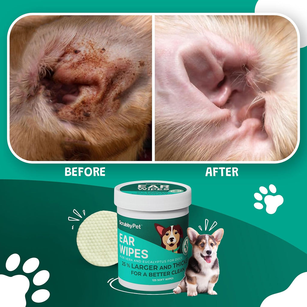 Scrubby Pet Dog Ear Wipes for Dogs | Extra Thick with Aloe Vera & Eucalyptus | 125 Count | Hypoallergenic Ear Cleaner for Dogs with Pearl Texture for Deeper Clean