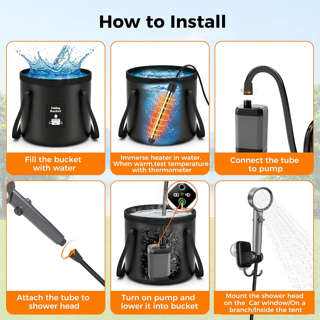 hillhub Portable Camping Shower Kit with 1500W Heater & 6000mAh Pump | Immersion Heater, Rechargeable IPX7 Pump, 5.3-Gal Bucket, 4-Mode Head, 6'7" Hose — for RV, Pet Bath, Car Wash, Beach & Hiking