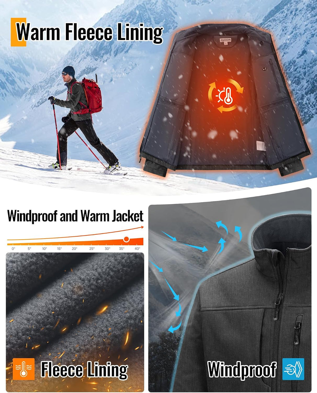33,000ft Men's Lightweight Softshell Jacket Fleece Waterproof Windbreaker