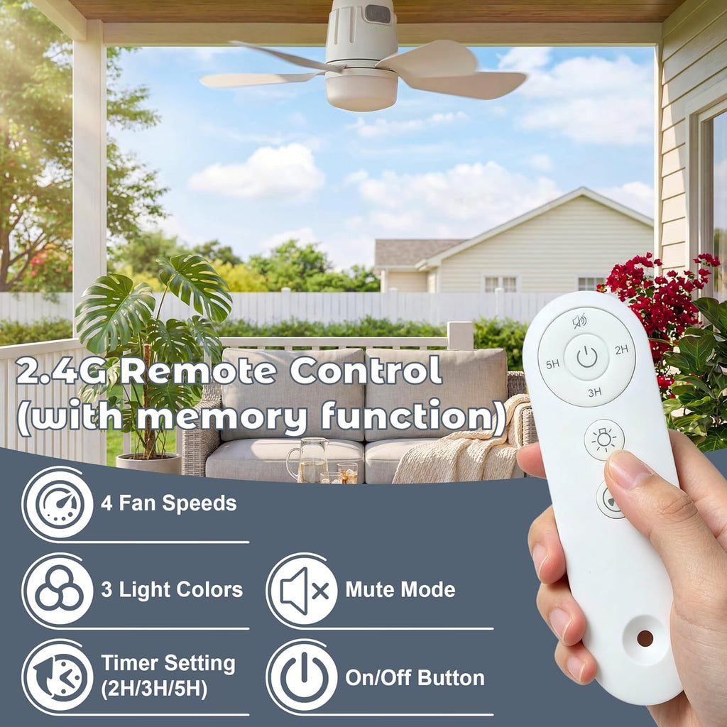 Battery Operated Outdoor Ceiling Fan, 20000mAh Portable Canopy Fan with Light, Remote & Hanging Hook, 3000k-6000k Dimmable Rechargeable Ceiling Fan for Tent, Gazebo, Patio, Camping (20'')