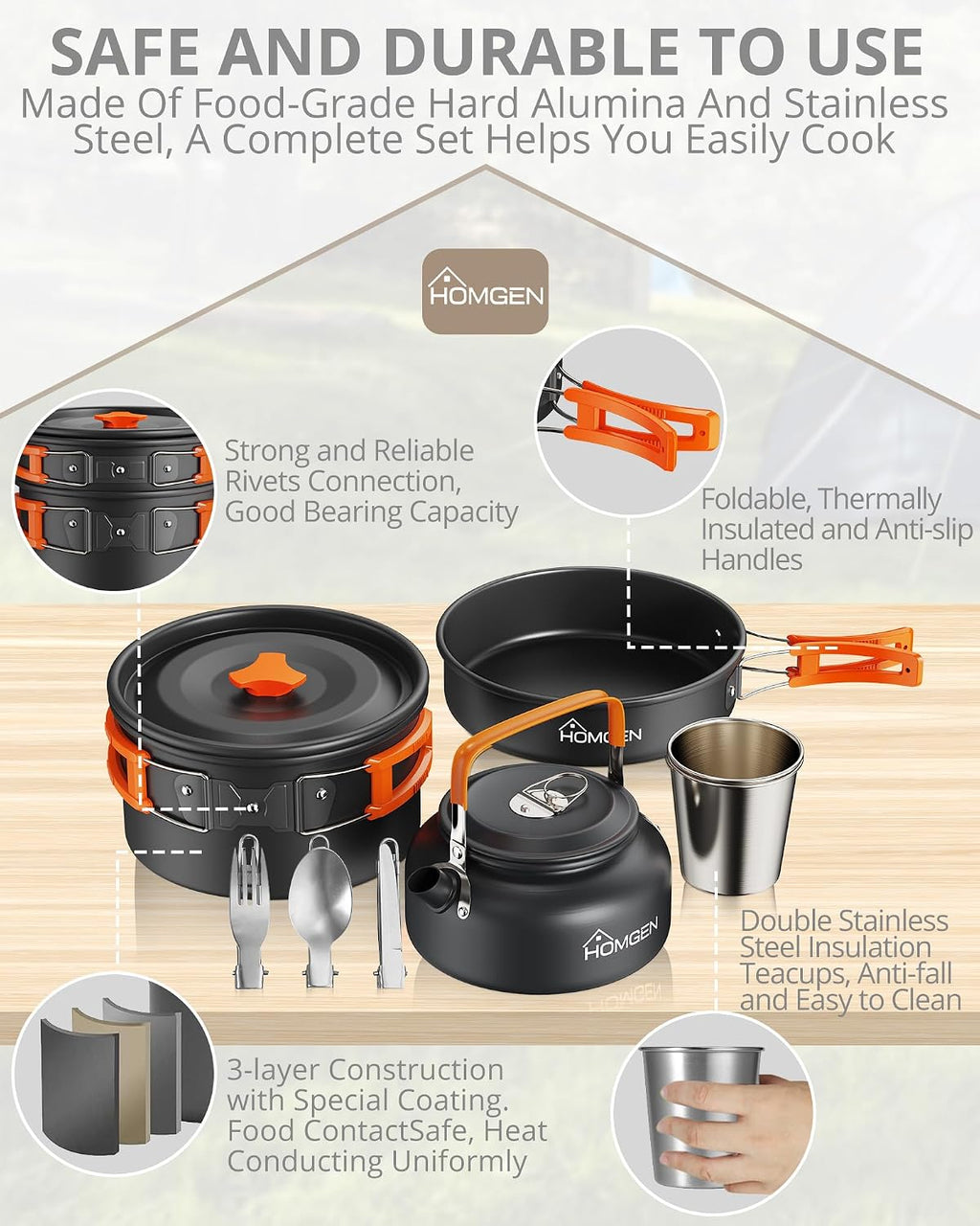 HOMGEN Portable Ultralight Anodized Aluminum Camping Cookware Set - Nesting Camping Pot and Pan-800ml Insulated Teapot-Carrying Bag-for Camping Hiking Picnic RV Trip