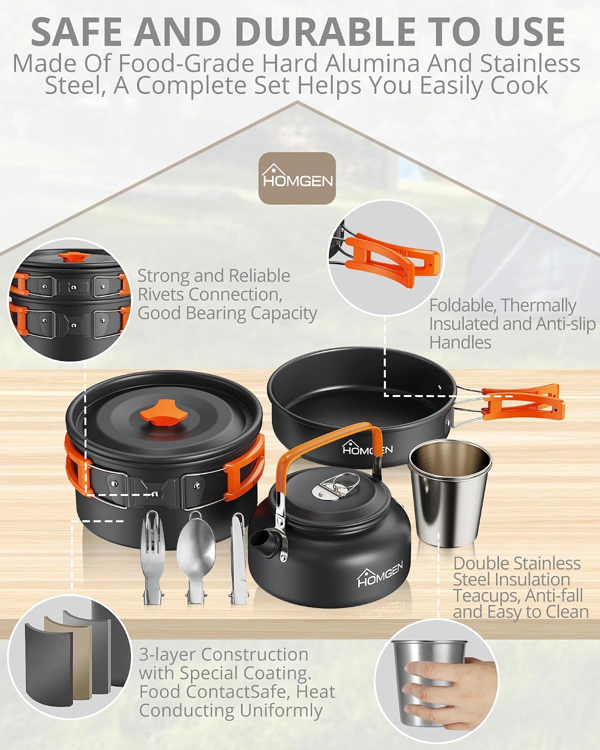 HOMGEN Portable Ultralight Anodized Aluminum Camping Cookware Set - Nesting Camping Pot and Pan-800ml Insulated Teapot-Carrying Bag-for Camping Hiking Picnic RV Trip