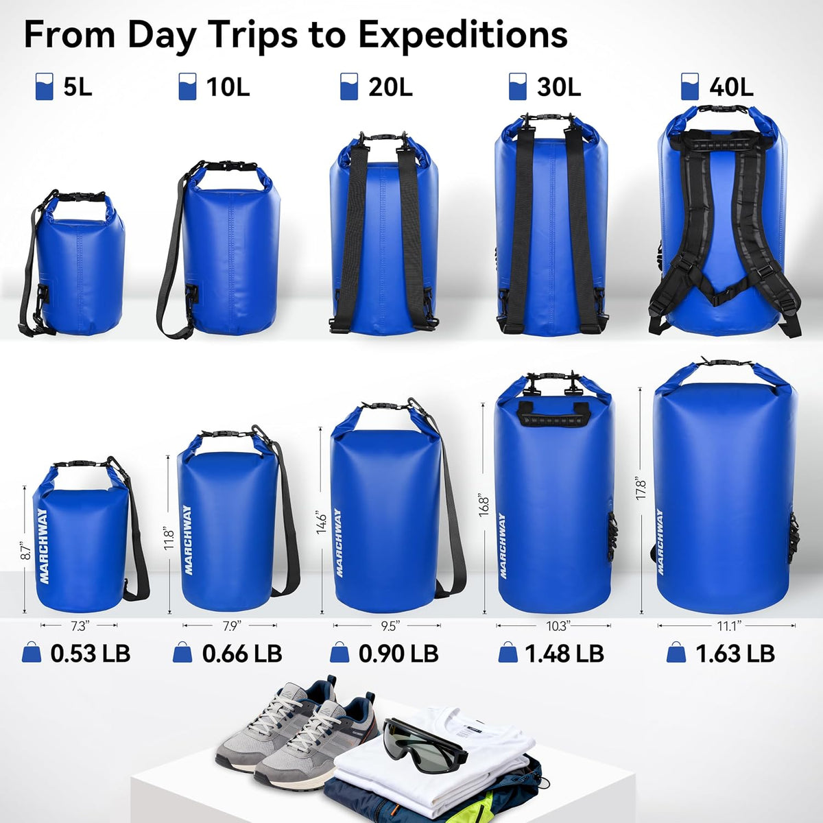 MARCHWAY Floating Waterproof Dry Bag Backpack 5L/10L/20L/30L/40L, Roll Top Sack Keeps Gear Dry for Kayaking, Rafting, Boating, Swimming, Camping, Hiking, Beach, Fishing