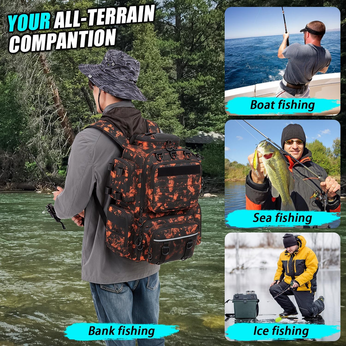 Tactical Fishing Backpack with 4 Tackle Boxes, Rod Holders & Bottle Holder