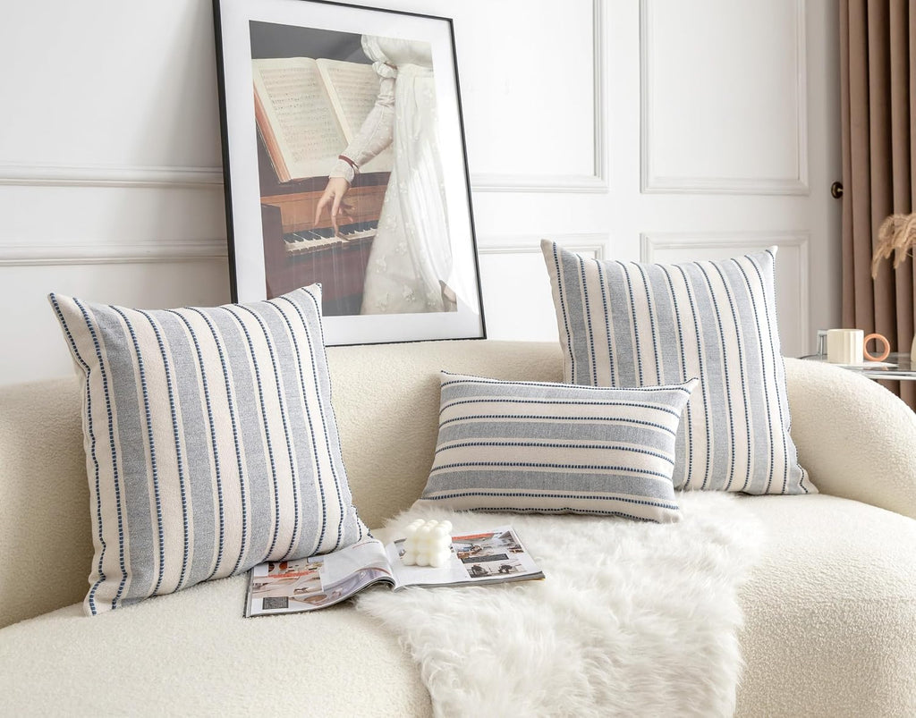Cethom Decorative Boho Throw Pillow Covers, Farmhouse Textured Pillow Case, 18 x 18 Inch Set of 2, Chair Sofa Bedroom Living Room Home Decor Couch Cushion Case, Classic Blue and Beige Striped