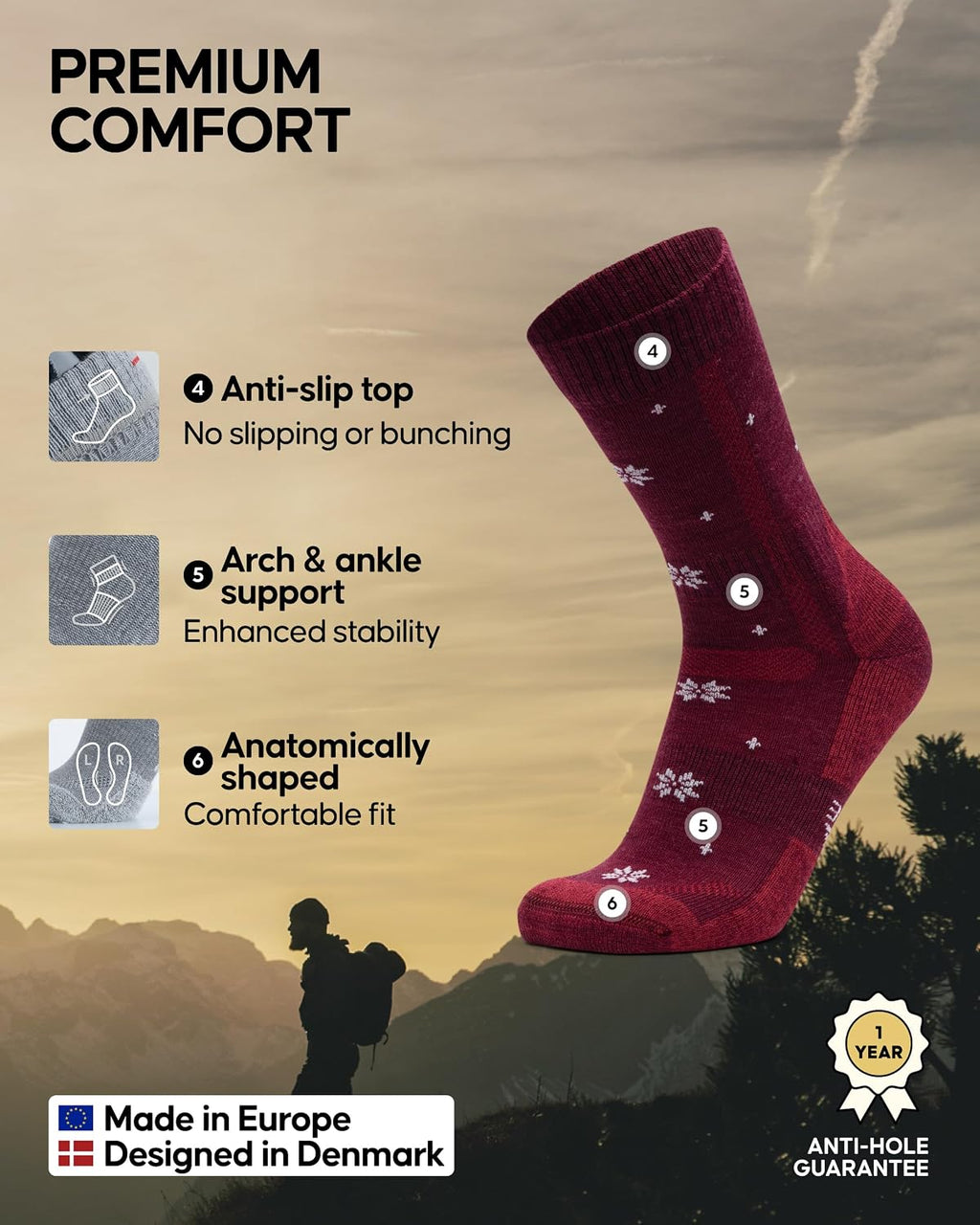 DANISH ENDURANCE Hiking Socks, Merino Wool, Anti-Blister, 3 & 5-Pack