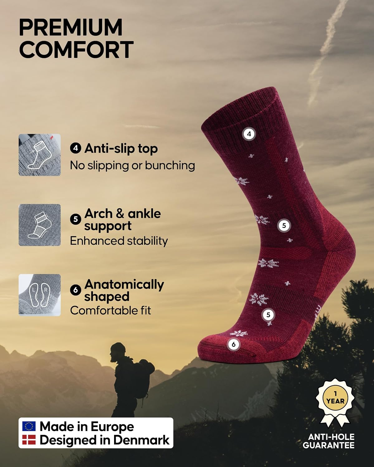 DANISH ENDURANCE Hiking Socks, Merino Wool, Anti-Blister, 3 & 5-Pack