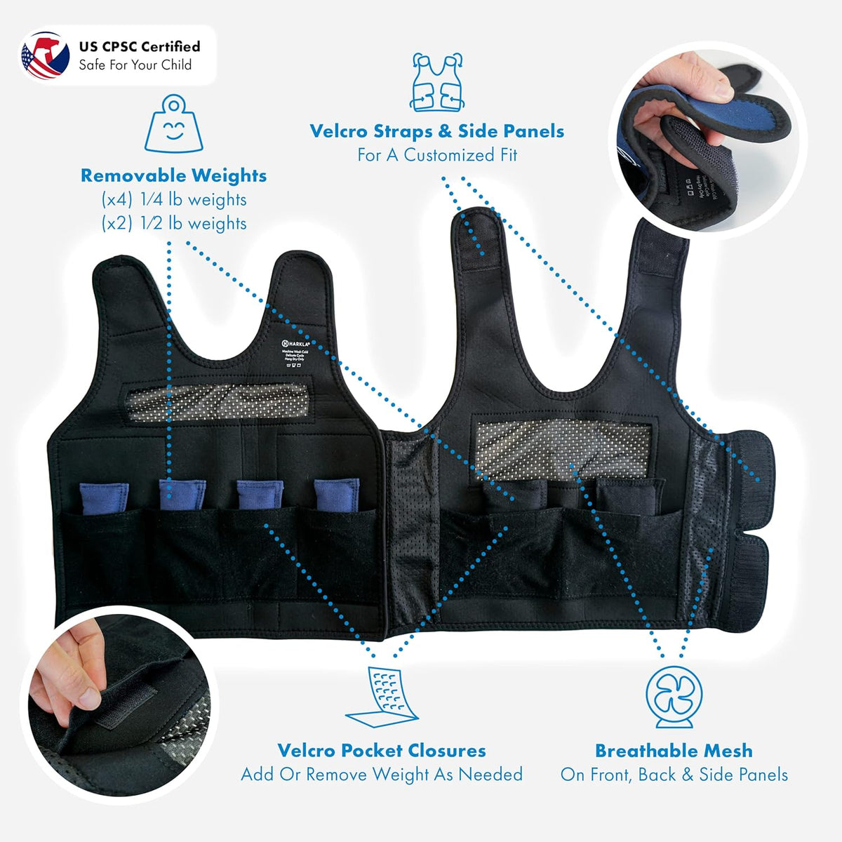 Harkla Weighted Vest for Kids - Neoprene Compression Vest - Ages 5 to 9 - Adjustable Kids Weighted Vest with 2lb Weight - Breathable and Washable Compression Vest - Medium