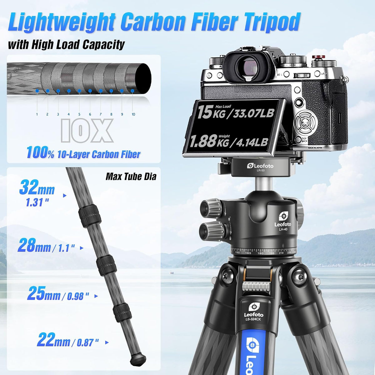 LEOFOTO 71" Carbon Fiber Travel Tripod with 360° Ball Head Set, 4 Leg Sections Lightweight Tripod with Center Column for DSLR Camera, Quick Release Plate, Max Load 15kg/33.07lb (LS Series)