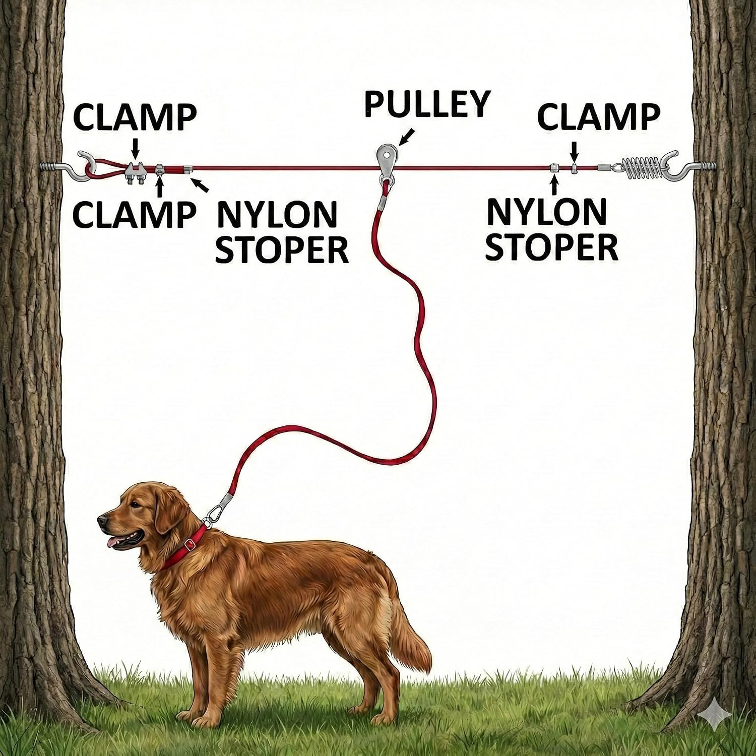 BV 60ft Aerial Pet Trolley System with 10ft Pulley Lead - Heavy Duty Dog Tie Out for Yard up to 125 lbs, Reflective Run Cable (Not a Leash, Bare End)