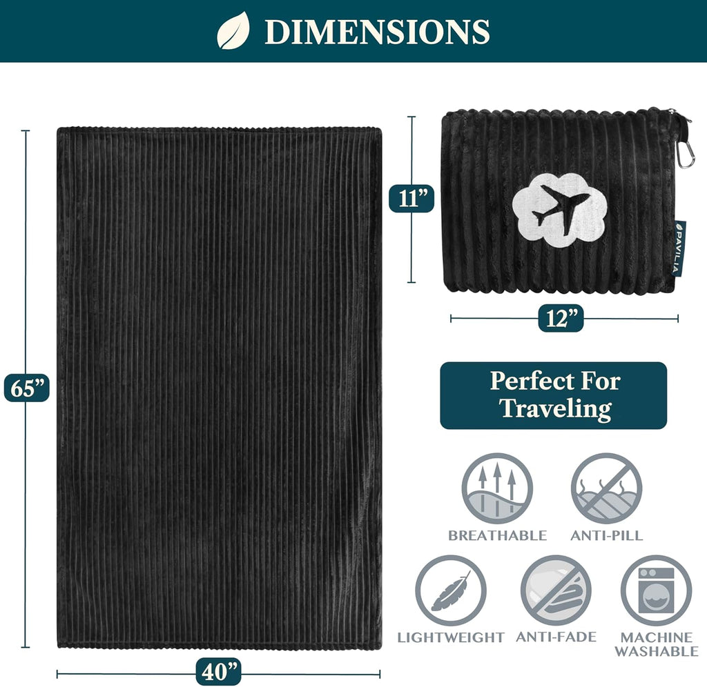 PAVILIA Travel Blanket Pillow, Soft Ribbed Fleece Airplane Blanket, Black