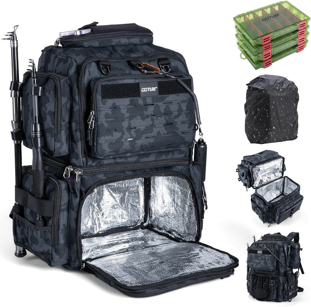 Goture Fishing Backpack with Cooler, 4 3600 Tackle Boxes,2 Rod Holders