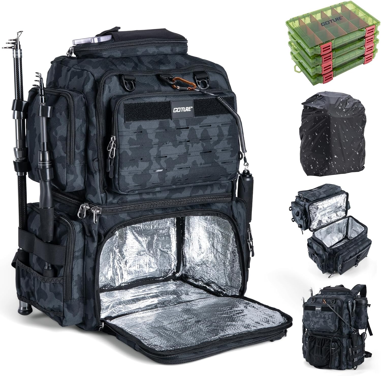 Goture Fishing Backpack with Cooler, 4 3600 Tackle Boxes,2 Rod Holders