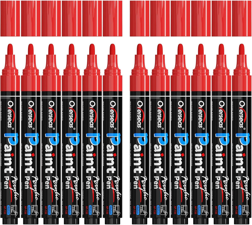 Overseas 12 Pack Red Acrylic Paint Pens Permanent Markers, Medium Tip