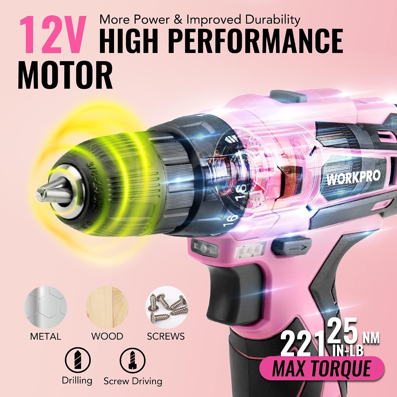 WORKPRO 12V Cordless Pink Drill Set for Women, Home Tool Kit with Tool box