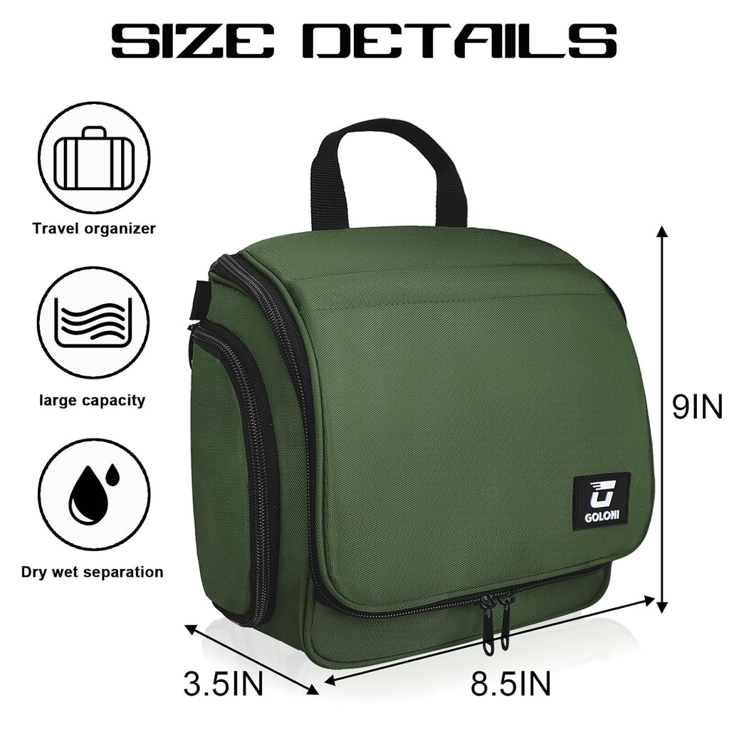 Goloni Hanging Toiletry Bag for Men Women, Water-Resistant Organizer,Green