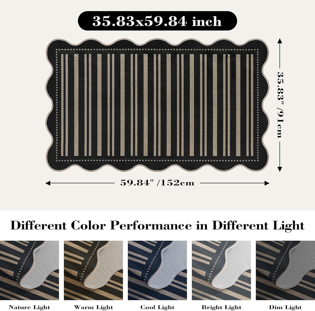 Striped Easy Jute Outdoor Patio Rug, 3x5 Washable Rugs for Entryway Indoor Outdoor Living Room Area Rug, Farmhouse Non Slip Black Carpet for Backyard Bedroom Porch