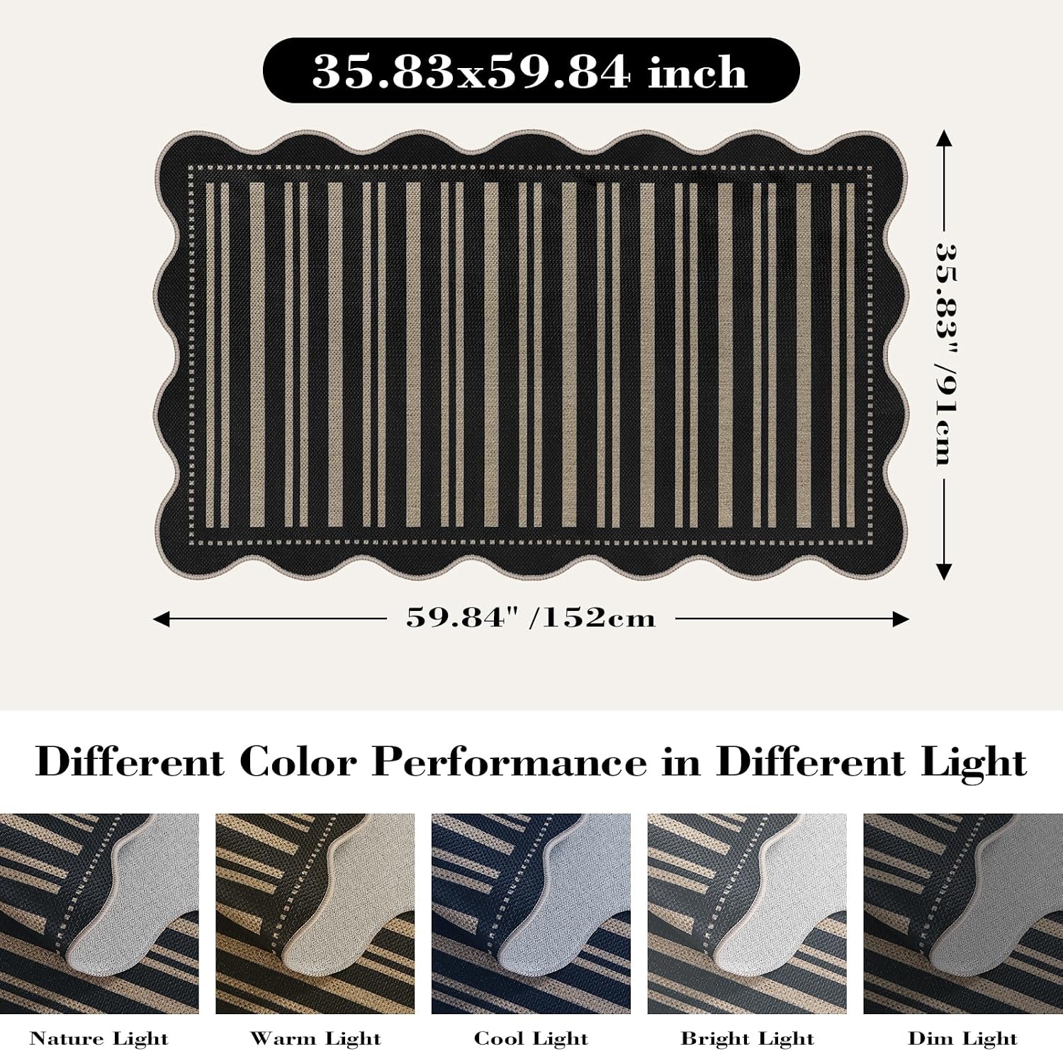 Striped Easy Jute Outdoor Patio Rug, 3x5 Washable Rugs for Entryway Indoor Outdoor Living Room Area Rug, Farmhouse Non Slip Black Carpet for Backyard Bedroom Porch