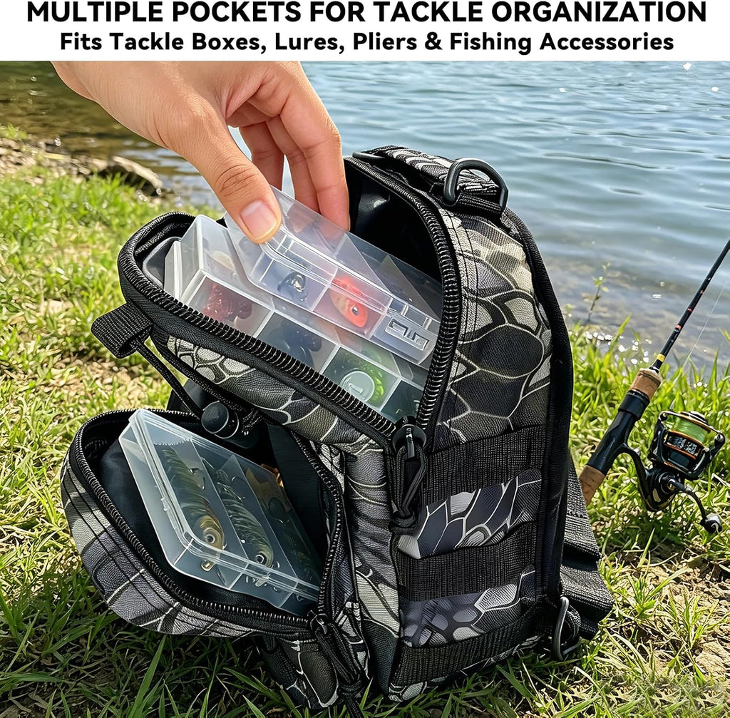 Kynzo Fishing Sling Backpack with Rod Holder, Water-Resistant Fishing Tackle Bag, Durable Shoulder Crossbody Pack for Freshwater Saltwater Fishing