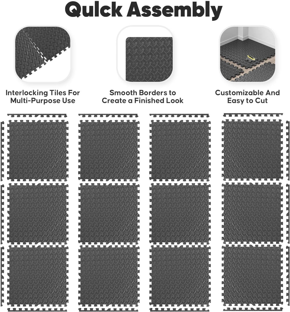 16 Pack 64 sqft Home Gym Mat, Puzzle Exercise Mat, EVA Interlocking Foam Floor Tiles for Home Workout Equipment and Kids' Play Areas - Black, 24 in x 24 in x ½ in - 16 Tiles (Black, 16 Pack, 64 SQ FT)