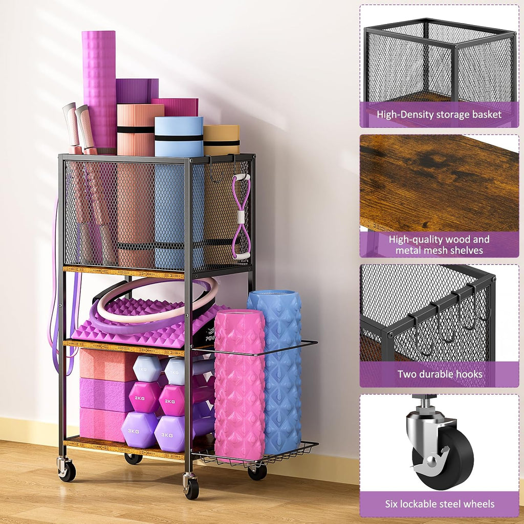 Dumbbell Rack, Yoga Mat Storage Holder, Home Gym Storage Rack, Workout Equipment Storage Organizer, Weight Storage Holder Rack with Hooks and Wheels