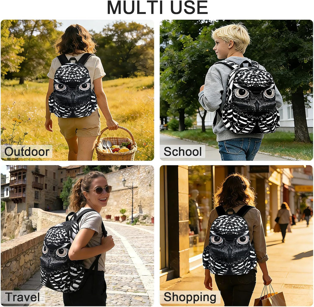 Black Owl School Backpack for Girls Boys Teens Bookbag 17 Inch Laptop Backpack for Sports Travel Camping