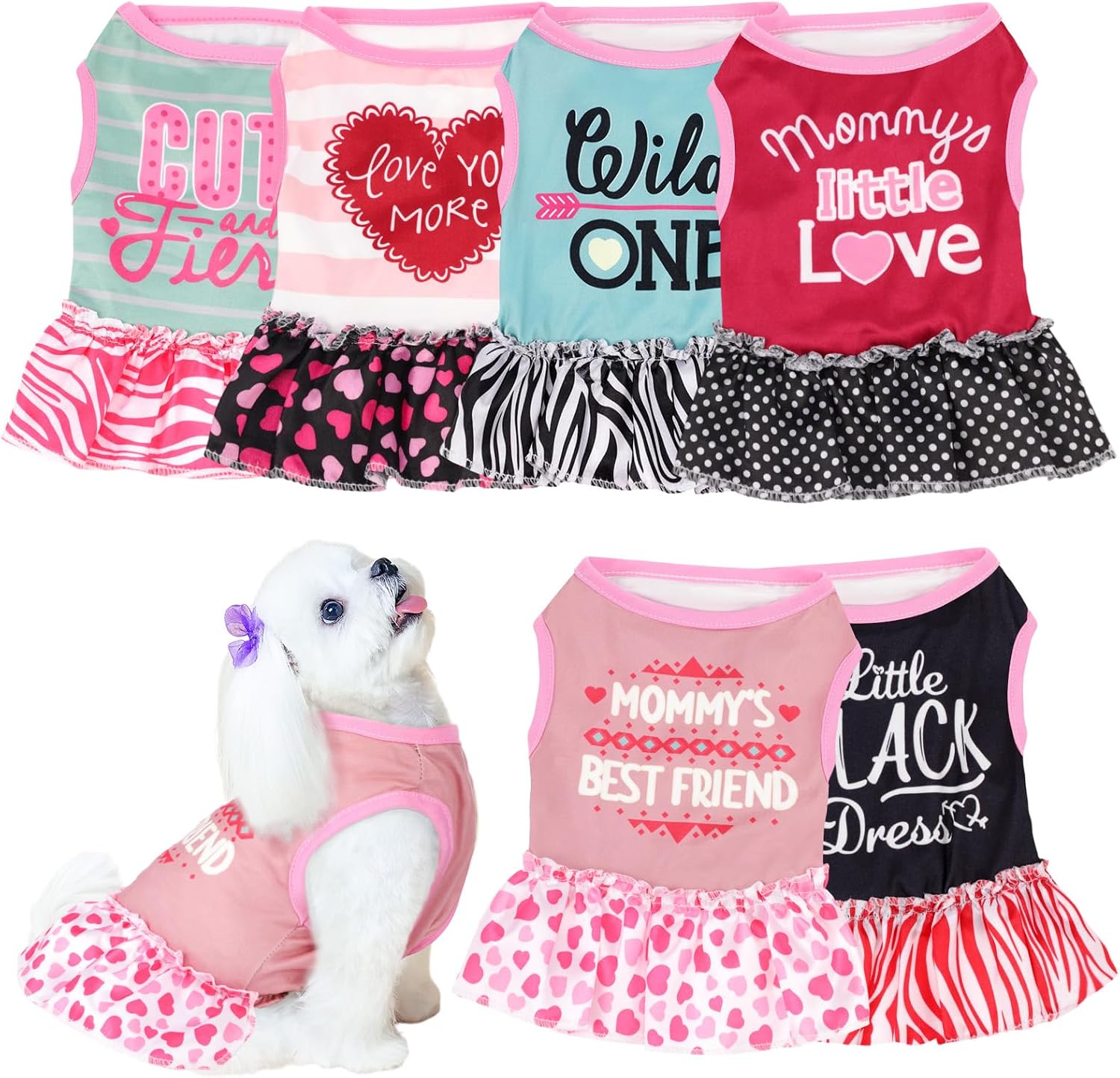 6 Pack Girl Dog Clothes Pet Dress Shirt Female Cute Dog Sundress Puppy Summer Apparel Clothes Outfits with Ruffles for Pets Cats(Extra Small)