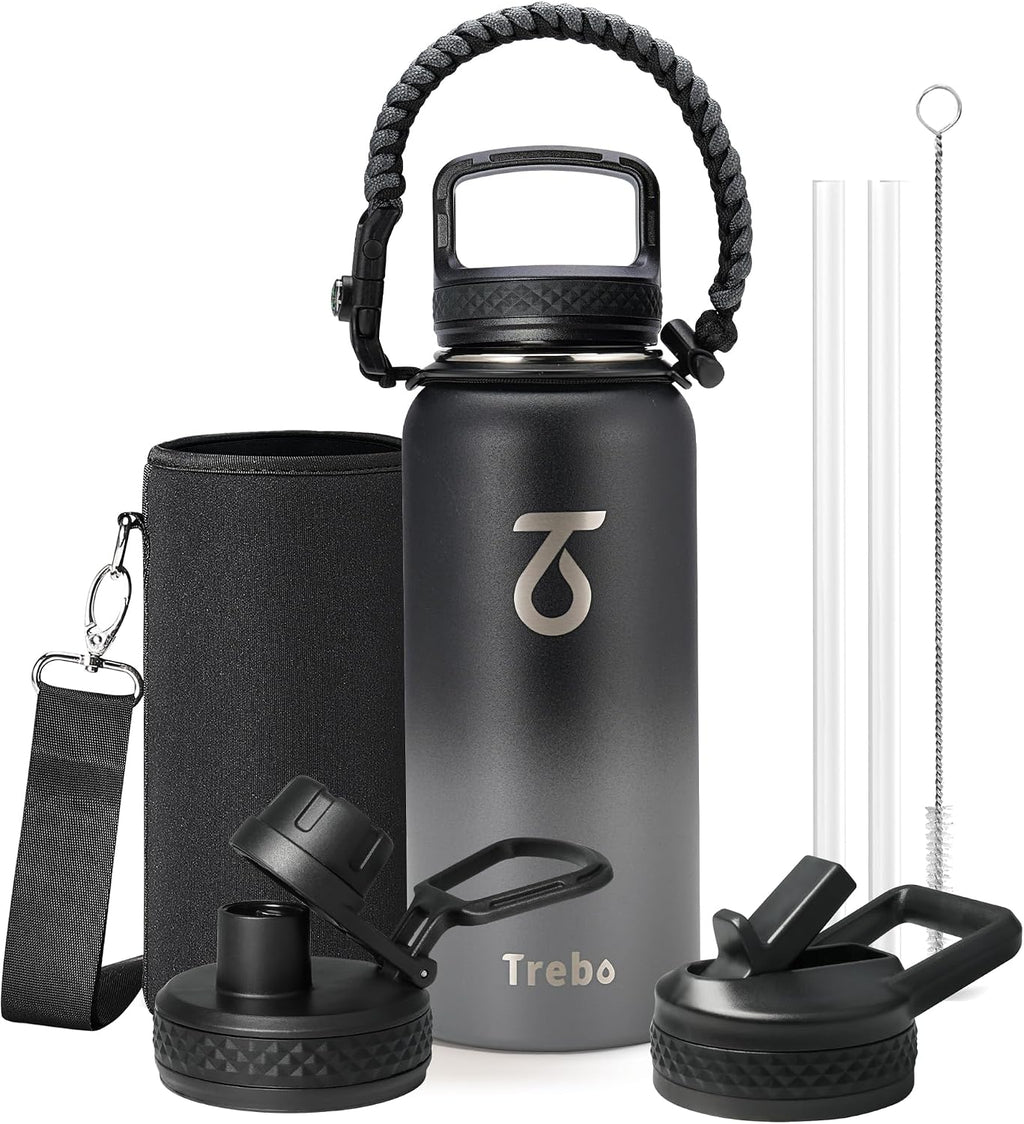 Trebo Insulated Water Bottle 32 oz with 3 Lids, Paracord Handle & Sleeve