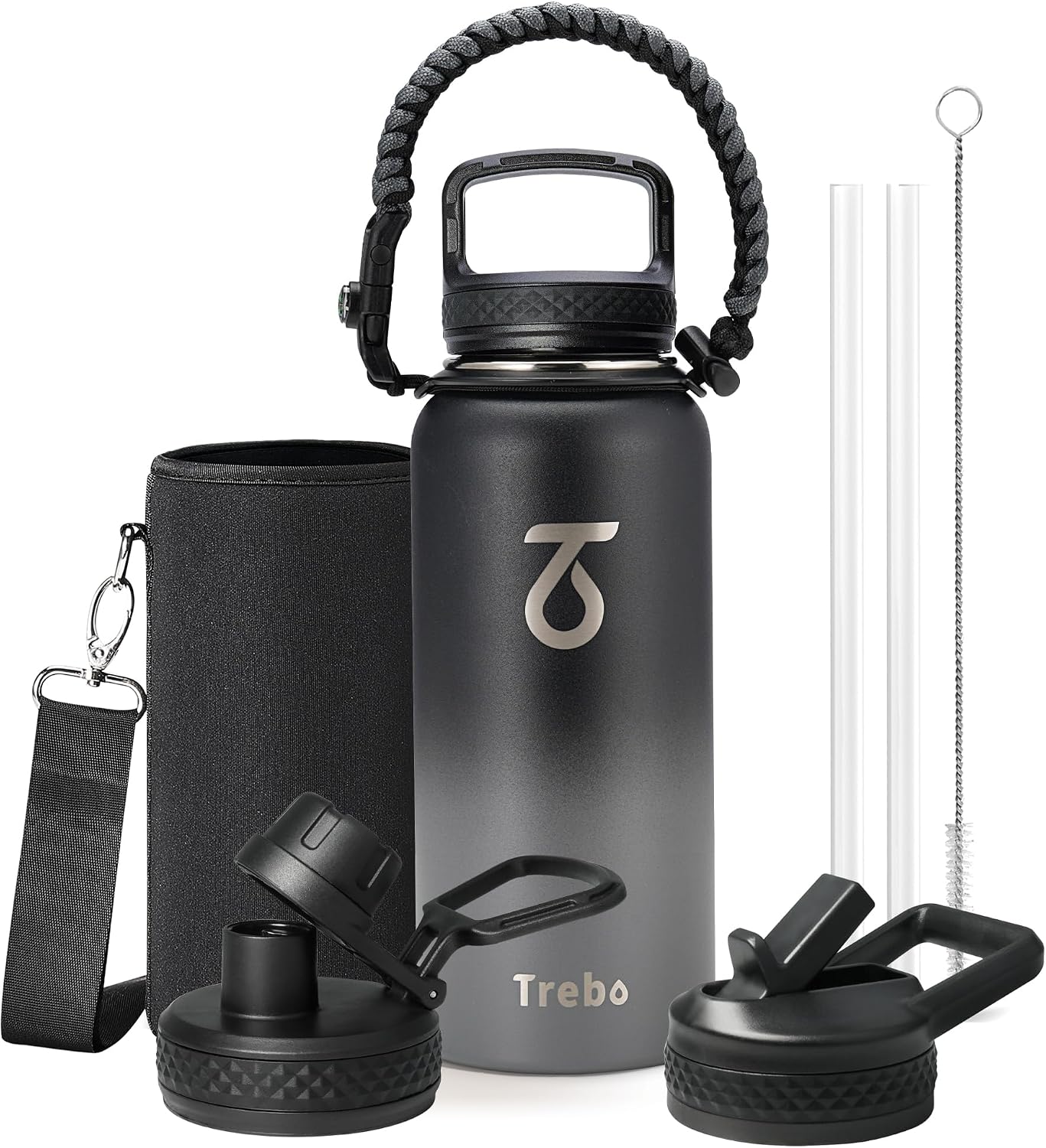 Trebo Insulated Water Bottle 32 oz with 3 Lids, Paracord Handle & Sleeve