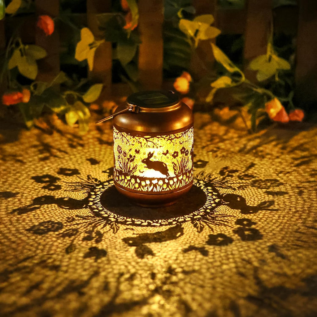 Rabbit Solar Lanterns Outdoor Waterproof-Hanging Solar Lights Bunny Gifts for Women Mom Grandma Metal Decorative LED Lantern Outside for Garden Decor,Yard,Patio,Lawn,Porch,Backyard