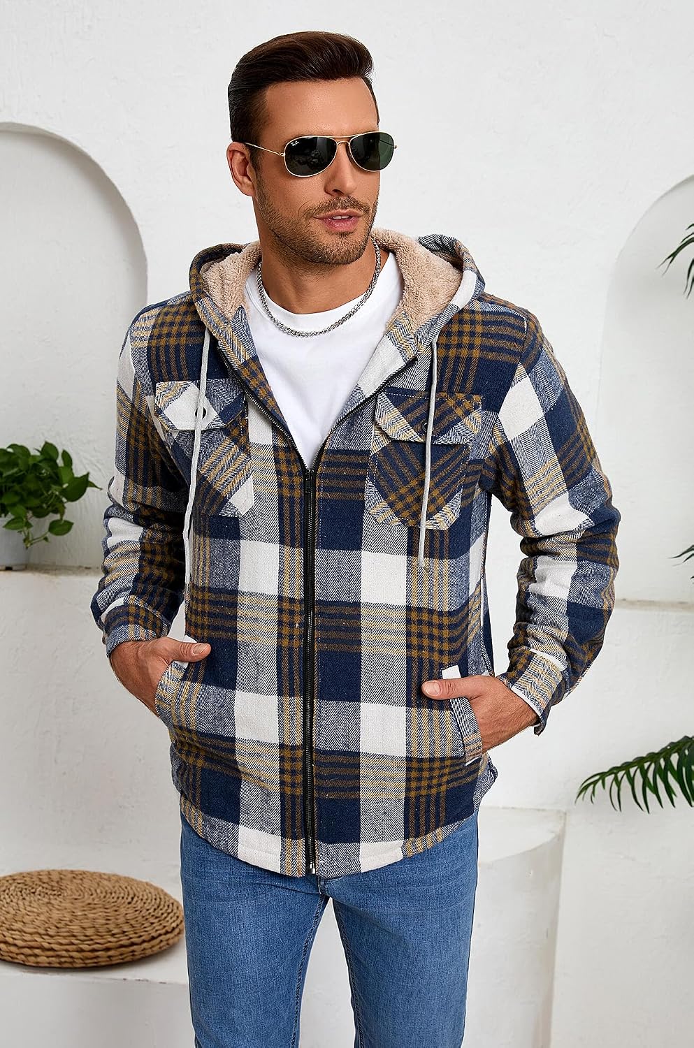 Men's Zip Up Flannel Shirt Jacket Fleece Lined with Hood