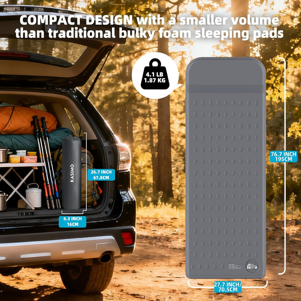 KASIMO Memory Sleeping Pad for Camping, 3" Compact Ultra-Thick Foam Sleeping Mats with Pillow, 9.5 R-Value Insulated Camping Mattress Pad or Car Travel Backpacking Tent,Home