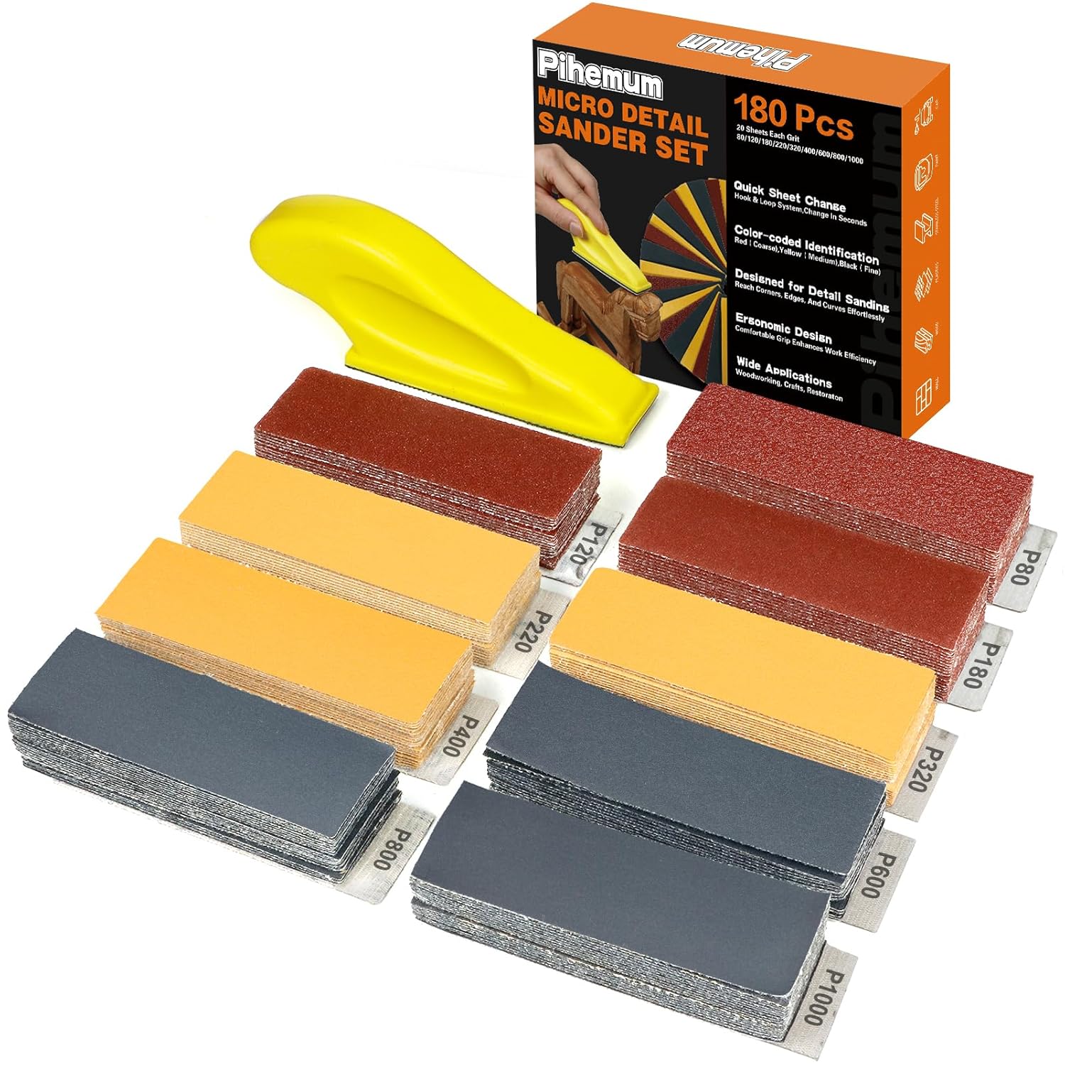 180 PCS Mini Detail Sanding Kit, 80-1000 Grit Sandpaper with Finger Sanding Blocks for Small Areas and Corners, Ideal for Woodworking, Furniture Repair, Crafts and DIY