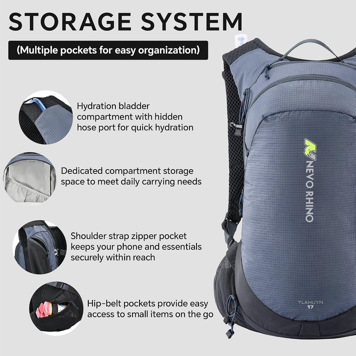 N NEVO RHINO 17L Hydration Backpack, Water Backpack with 500ml Soft Flask