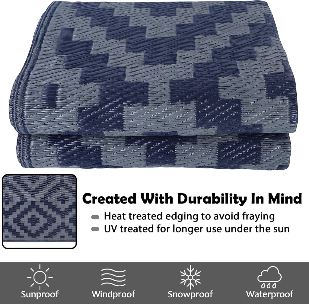 SAND MINE Reversible Mats, Plastic Straw Rug, Modern Area Rug, Large Floor Mat and Rug for Outdoors, RV, Patio, Backyard, Deck, Picnic, Beach, Trailer, Camping (5' x 8', Blue Grey Lattice)