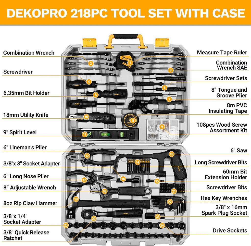 DEKOPRO 218-Piece General Household Hand Tool kit, Professional Auto Repair Tool Set for Homeowner, General Household Hand Tool Set with Plier, Screwdriver Set, Socket Set, with Portable Storage Case
