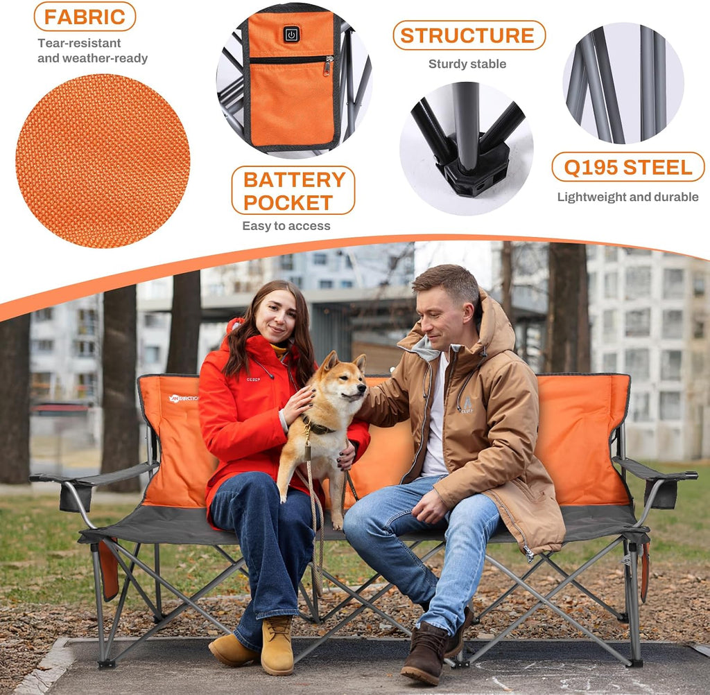 ANTARCTICA GEAR Heated Double Camping Chair with 12V 15000mAh Battery Pack - Heavy-Duty XL Folding Bench for Outdoor, Campsites, Tailgating - Portable Heated Seating with Adjustable Warmth