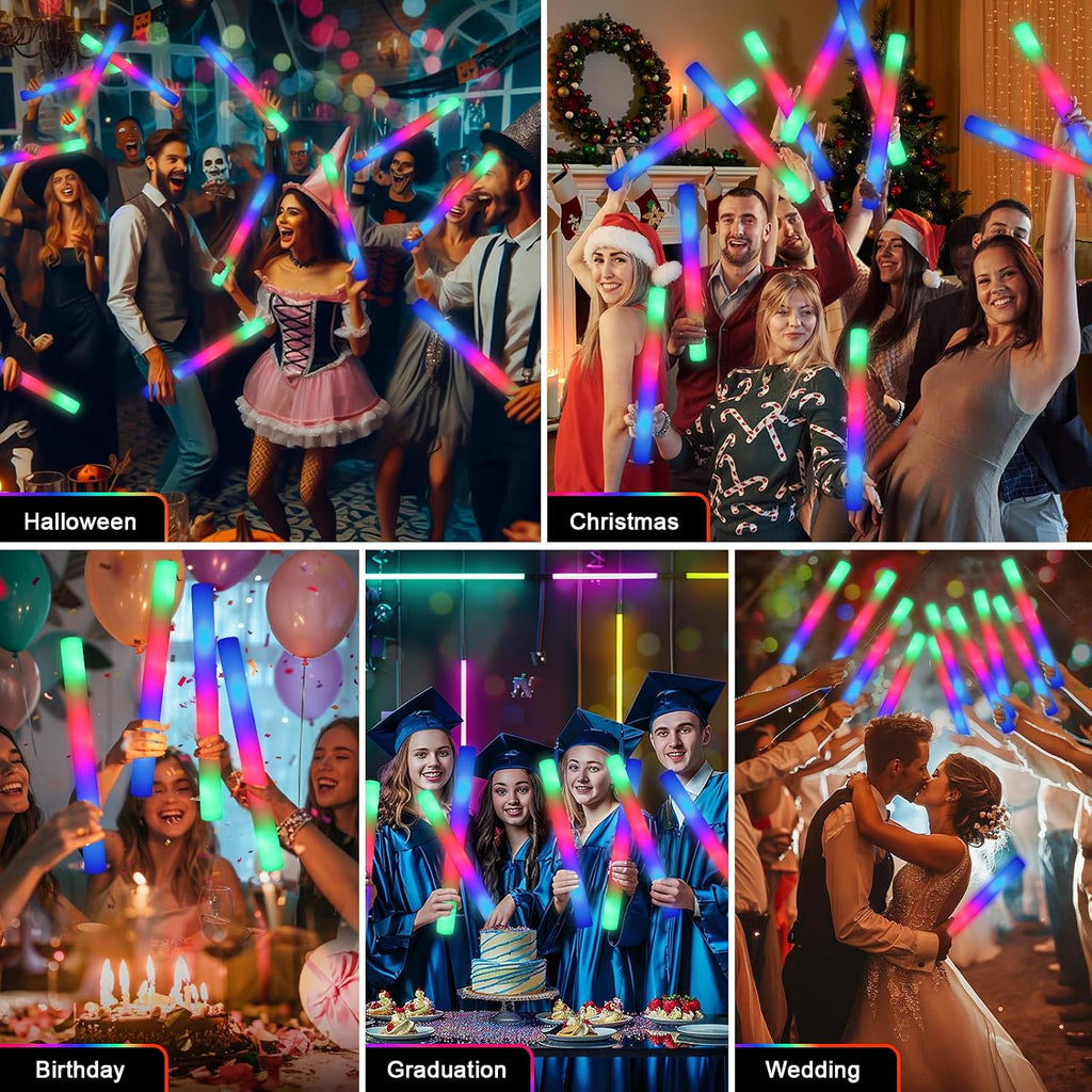 wellent 55 PCS Foam Glow Sticks, Foam Light Up Sticks Party Supplies with 3 Mode Colorful Flashing, Glow Sticks Bulk Party Pack, Led Foam Sticks for Birthday, Wedding, New Year, Carnival, Concert