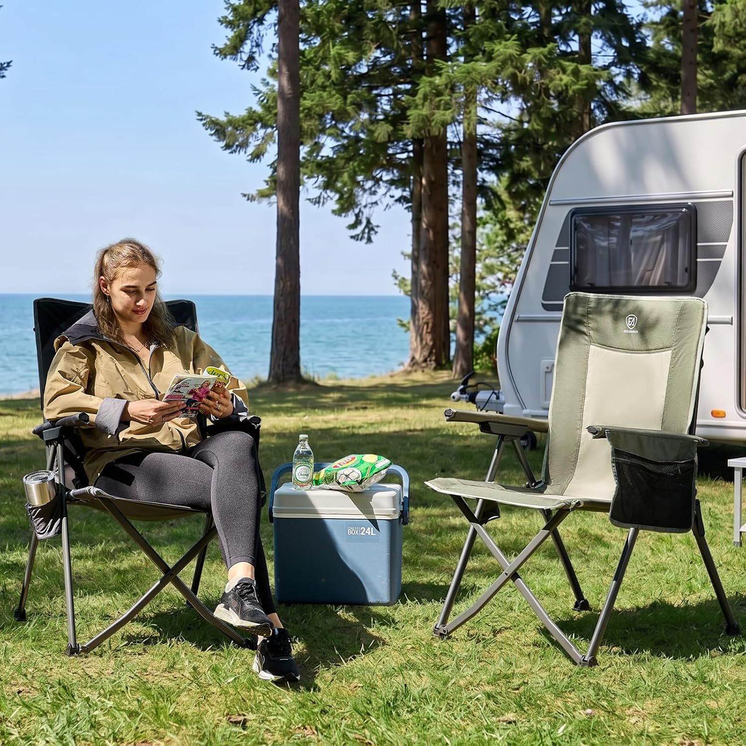 EVER ADVANCED Reclining Camping Chairs for Adult Supports 350lbs Green