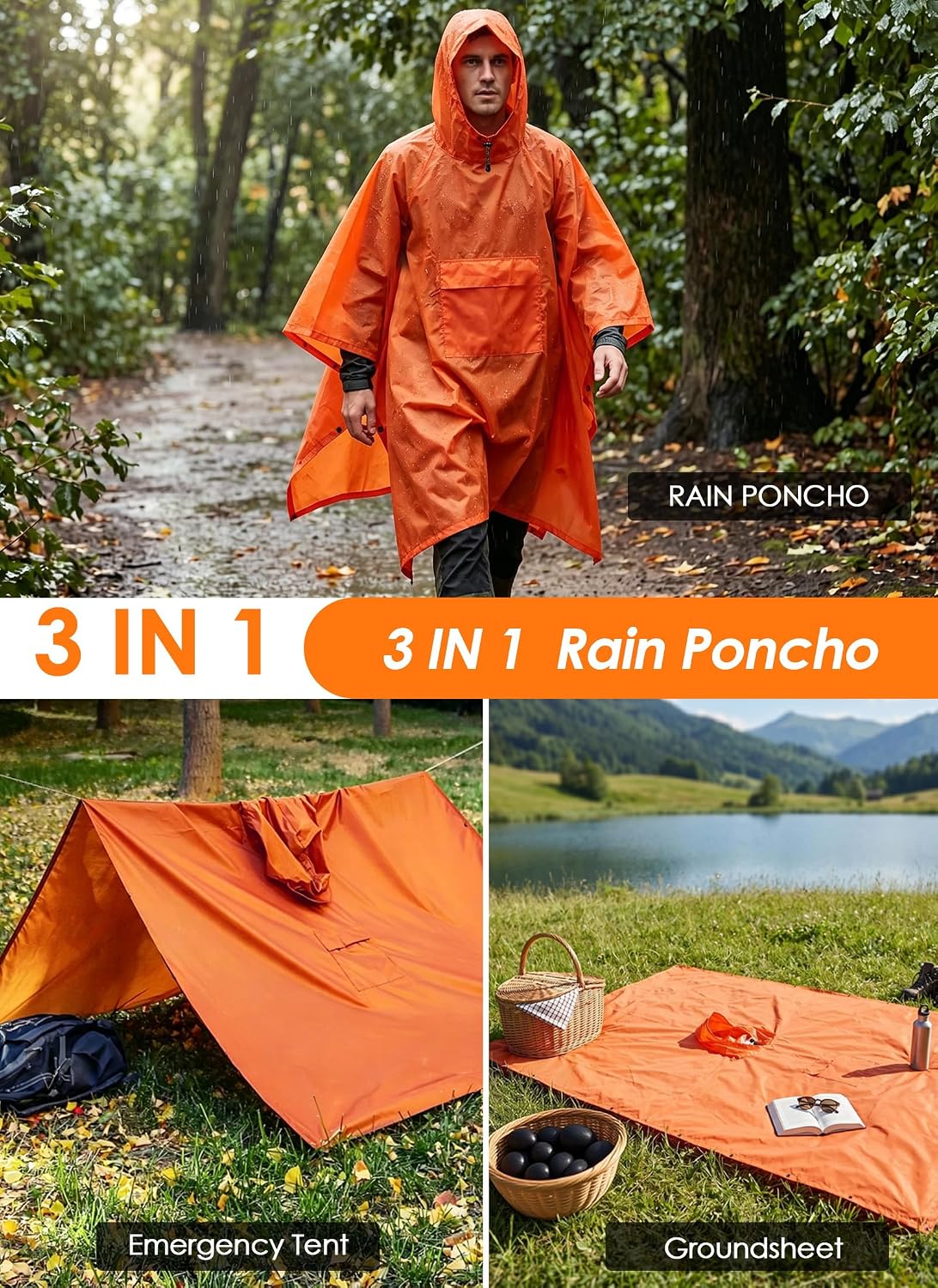 TOMSHOO Multifunctional Raincoat with Hood Waterproof for Adults