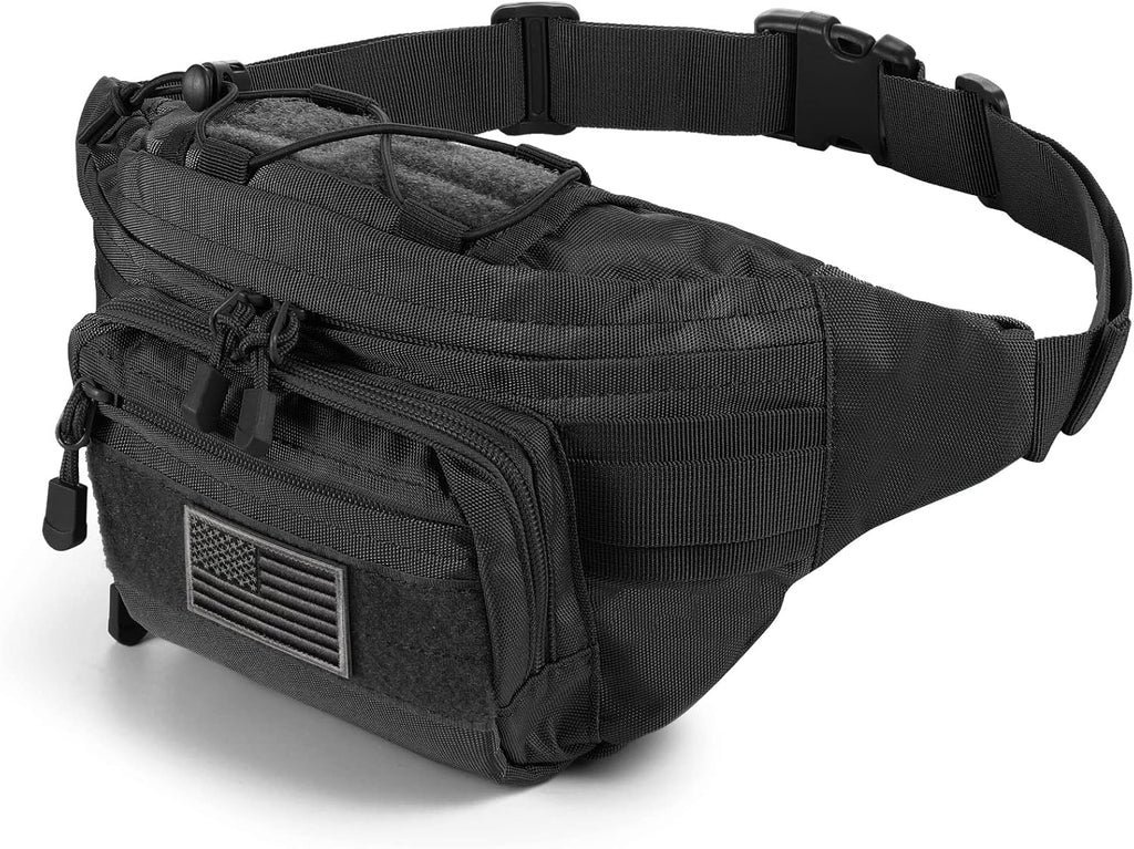 SOWHUP Tactical Fanny Pack,Military Waist Bag Pack with U.S Patch Utility Hip Belt Bumbag for Outdoor Fishing Hiking (Black(4 Zipper Pockets))