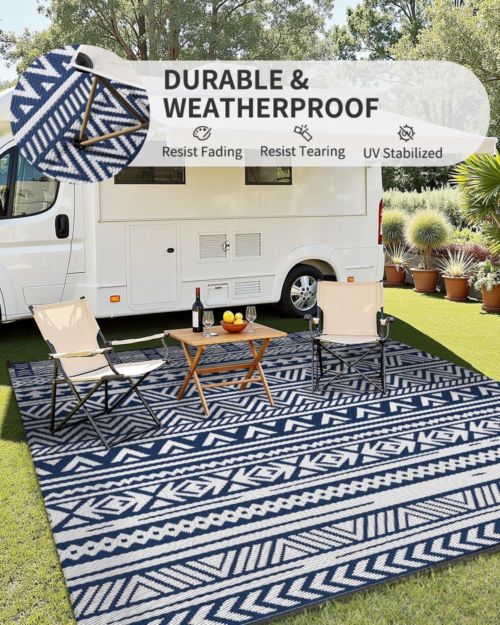 MontVoo Outdoor Rug Carpet Waterproof 6x9 Outdoor Patio Rug Mat Reverisble Plastic Straw Outdoor Rug for RV Camping Picnic Beach Balcony Boho Navy Blue
