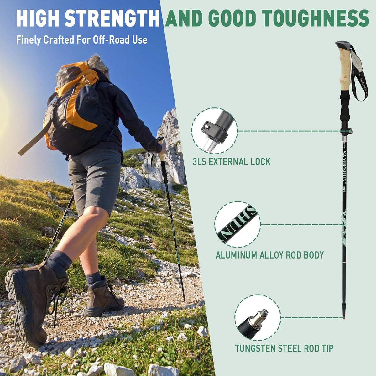 Walking Trekking Poles 2 Pack - 5 Section Lightweight Aluminium Alloy with Anti Shock & Quick Flip Lock - Cork EVA Handle, Adjustable 108-128CM - for Hiking, Camping, Travel